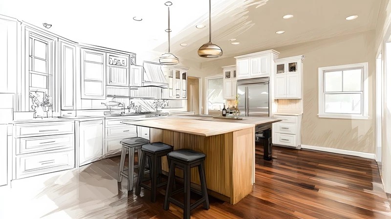 Progetto di una cucina che si trasforma nella stanza realizzata, dal disegno tecnico al risultato finito