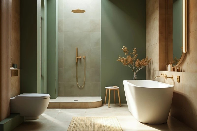 Bagno rifatto con doccia a filo pavimento, vasca freestanding e rubinetteria dorata